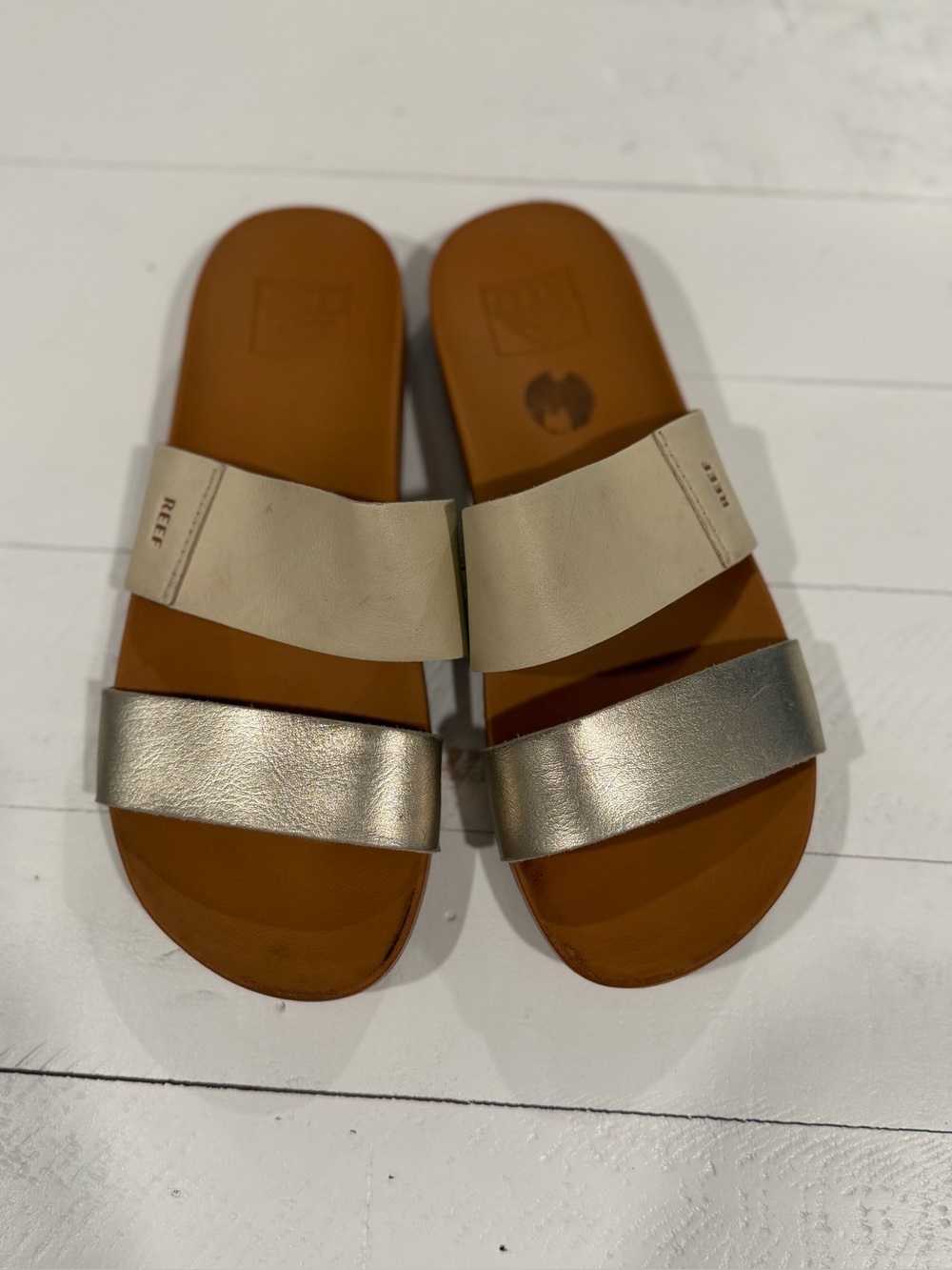 Reef Girl’s Ivory and Metallic Silver Double-Band Slide Sandals